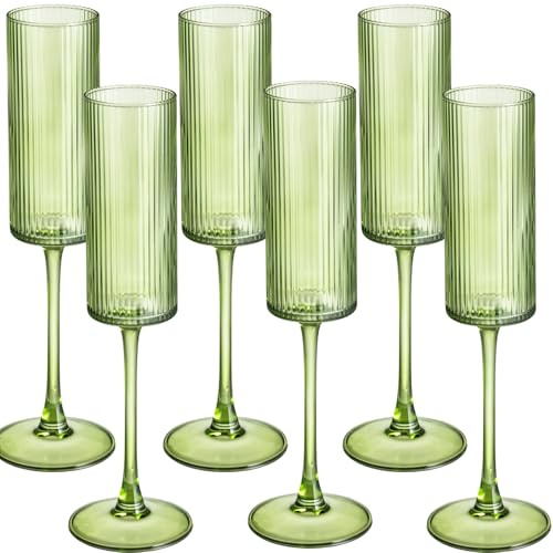 Champagne Flutes Set of 6,Vintage Ribbed Crystal Hand Blown 6 OZ Goblet Champagne Glasses Long Stem,Elegant Sparkling Wine Stemware Drinking Cocktail Unique Gift for Birthday, Wedding, Anniversary