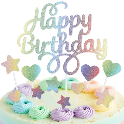 mciskin Rainbow Happy Birthday Cake Toppers for Cake,Multicolor Birthday Decorations Girls Boys,Personalised Cake Toppers for Men Women,Glitter Cake Topper Cupcake Topper for Party Cake Decoration