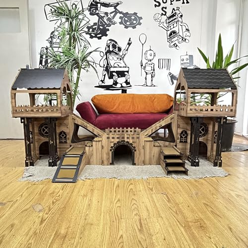 Kaninchenhaus aus Holz – 3 Etagen mit Terrasse & Brücke – Für bis zu 4 Kaninchen – Indoor Kleintierhaus – Mit Kissen – Einfacher Aufbau – Triplex Modell ROOFED City (Eiche – Schwarz, Standard)