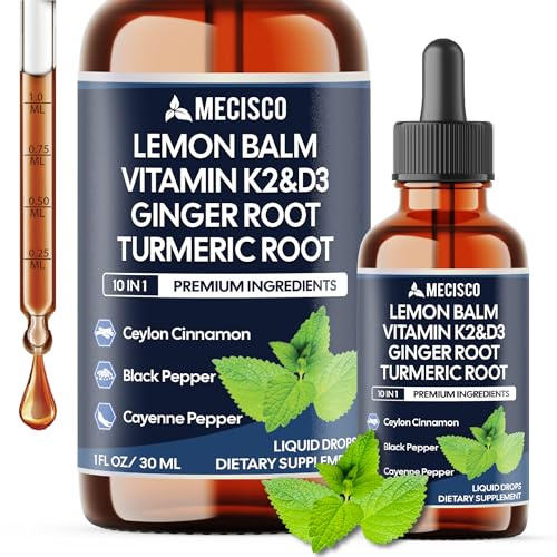 10in1 Lemon Balm Liquid Drops Blend Includes Vitamin D3, Vitamin K2, Lemon Balm, Ginger, Turmeric, Ceylon Cinnamon, Black Pepper, Cayenne Pepper, Berberine, Valerian Root - 1 FL Oz - 2 Month Supply