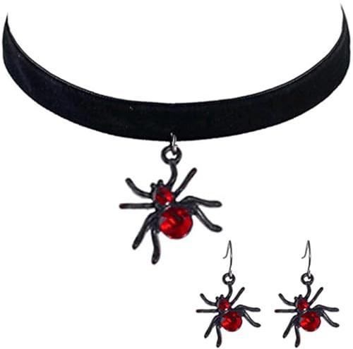 Spinnen Halloween Halskette Ohrringe Schmuck Set Gothic Schwarzer Choker mit Rotem Zirkonia Anhänger Spinne-Halskette-Ohrringe-Set Kostümaccessoires für Hexe, Vampir Fasching Karneval Mottoparty