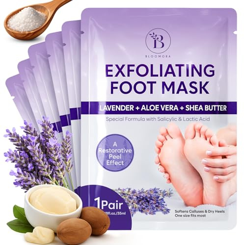 Foot Peel Mask for Hard Skin (6 pairs) Foot Mask for Cracked Heel Solution, Dry Feet Care with Lavender & Shea Butter, Dead Skin Remover, Exfoliating Socks for Women & Men, One Size Fits Most