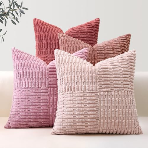 Sungeek 4er Set Cord Kissenbezüge, Kreuz Streifen Muster Kordsamt Kissenbezug Sofakissen Dekokissen Patchwork Design Boho Zierkissenbezüge Deko Kissenhülle für Wohnzimmer (40x40cm, Rosa)