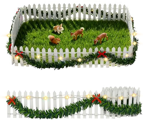 Sprinlot Mini Holz Zaun, Weiß Miniatur Deko Holzzaun, Beleuchtung Mini Gartenzaun, Deko Miniatur Zaun mit Lichtern Warmweißes