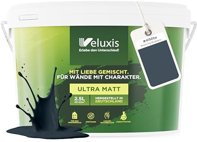 Veluxis Wandfarbe Blau Grau Anthrazit matt 2,5 L – Blooming Blueberry | Innenfarbe mit Deckkraft Klasse 1, VOC-frei, ohne Grundierung, tropfarm, für Wohnzimmer und Schlafzimmer
