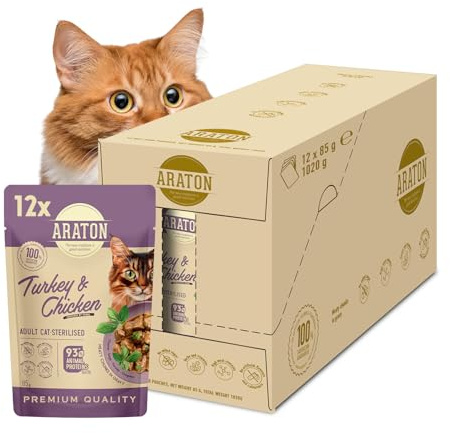 ARATON Kattfoder våt kalkon och kyckling för steriliserade katter – balanserat våtfoder för katter med 78 % animaliska ingredienser, utan konstgjorda tillsatser 12 x 85 g