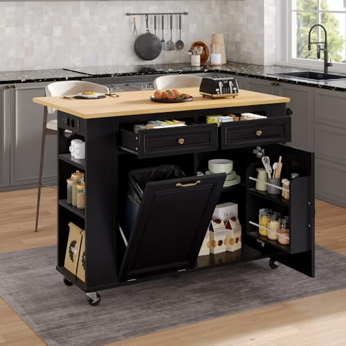 Îlot de Cuisine avec Roulettes, Desserte de Cuisine Table à Manger Extensible, ilot Central Cuisine avec Compartiment Poubelle et Porte-Serviettes, Chariot de Service Mobile avec Multiprises,Noire