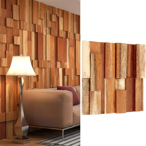 Kathfly 1 Pcs Sample Reclaimed Teak Wood 3D Wall Panels, Mosaic 3D Pattern Tile, Wallpaper Alternative for Living Room, Bedroom and Office, Easy Installation, Natural Room Decor, Covers 1.0 Sq ft