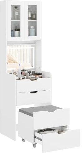 HOMCOM Postazione Trucco Luci LED 3 Colori, Specchio a Ribalta, Bianco | Toeletta Trucco Moderna, Sgabello Imbottito a Scomparsa, 3 Cassetti, Armadietto con Ante in Vetro, Scomparto