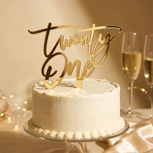 21st Birthday Cake Topper | Gold Acrylic Twenty One Cake Decor for Adult Party, Reusable Elegant Cake Decoration