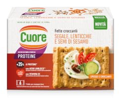 Cuore - Fette Croccanti, Segale, Lenticchie, Semi di Sesamo. Cotte al Forno, 240g (6 Monoporzioni). Ricche di Fibre e Fonte di Proteine, con Olio Cuore e Vitamina B1.