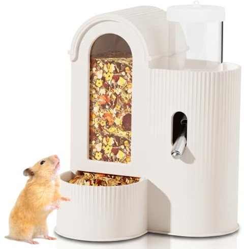 Comedero automático 2 en 1 para hámster y Botella de Agua sin Goteo para cobayas, Botella de Agua para Ratas con Cuenco de Comida para Ratones, jerbos, Blanco (360 ml de comida/80 ml de)