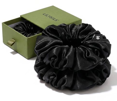 LILYSILK Silkeshårsnoddar för förebyggande av frizzer, 100 % mullbärssilke hårband för förebyggande av brott, elastiska hästsvanshållare (svart, 2 st)