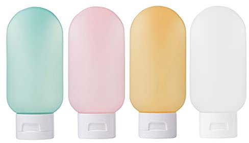 ZALUJMUS Travel Bottle, 4 Pcs Leak Proof Refillable Squeezable Containers Set (60 ml) with Label and Transparent Carry Bag for Liquid Shampoos, Soap and Toiletries. (Multicolor)