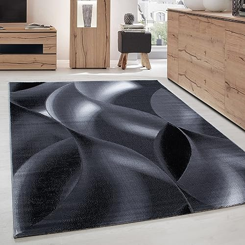 Carpettex Teppich Tapis de salon, à poils courts, 140 x 200 cm, noir, moderne, design abstrait, vagues, moelleux, doux, lavable, pour cuisine, salle à manger, chambre d'enfant, salon