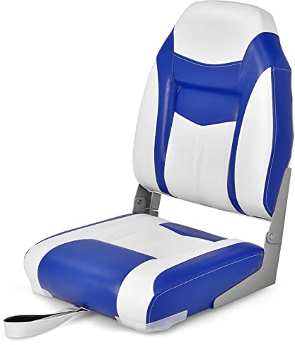 COSTWAY Foldable Boat Chairs, Low/High Back Fishing Seat with 10cm/15cm Thick Cushion, Long Fixation Strap and Ergonomic Backrest (High Back, 10cm Thich Cushion, Blue, 1Pcs)