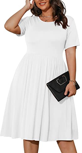 POSESHE Women's Plus Size Summer Dresses Casual Short Sleeve Dresses T-Shirt Dresses with Pockets,White,3XL