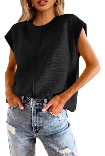 Saodimallsu Womens Summer Cap Sleeve Tops Casual Crew Neck Loose Fit Knit Lightweight Sweater Pullover Top Black