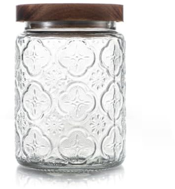 Bocal de rangement vintage en verre transparent de 700 ml avec couvercle en bois d'acacia pour cuisine, garde-manger, nourriture, café, bonbons (fleurs de bégonia)