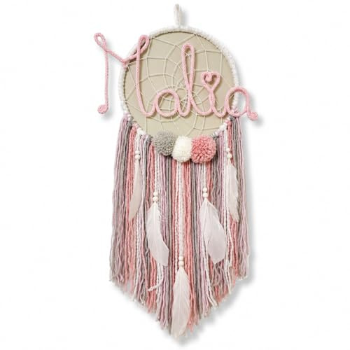 Generisch Traumfänger mit Namen (Rosa/Grau) - personalisierbar I Geschenk zur Geburt & Taufe I Handmade Baby I Personalisierte Geschenke Baby