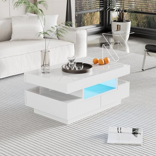 A ALFRESCOOL Couchtisch mit LED Beleuchtung, Hochglanz, Farben | Helligkeit einstellbar, Wohnzimmertisch mit 4 Schubladen, Kaffeetisch für Wohnzimmer, 80x50x36 cm (Weiß)
