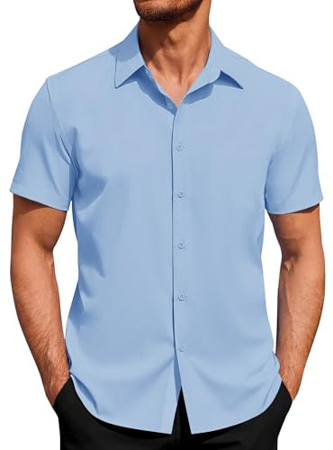 J.VER Short Sleeve Shirts Men 4-Way Stretch Casual Shirt Regular Fit Non Iron Business Dress Summer Button Down Shirts Light Blue L