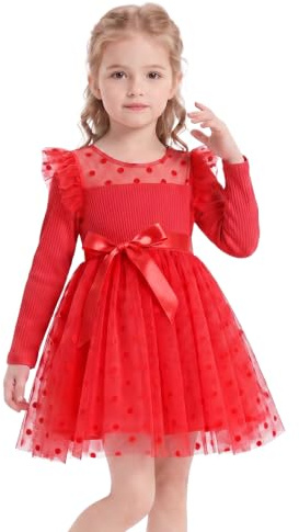 Miipat Fille Robe Tulle Manches Longues Robes Petite Filles Princesse Enfants Jupe à Points de Polka pour Fête Anniversaire Festival de Mariage (Rouge 110 4-5 Ans)