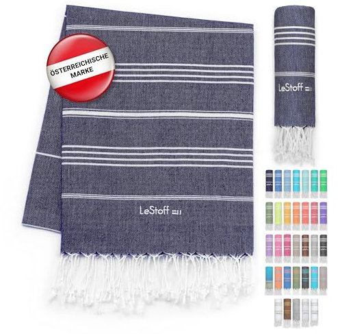 LeStoff Hamamtuch - 100% Bio-Baumwolle, 95 x 180 cm, Vorgewaschen, Saugstark, Schnelltrocknend, Badetuch, Badehandtuch groß, Saunatuch Herren, Saunahandtuch Damen, Sauna, Wellness, Spa (Dunkelblau)