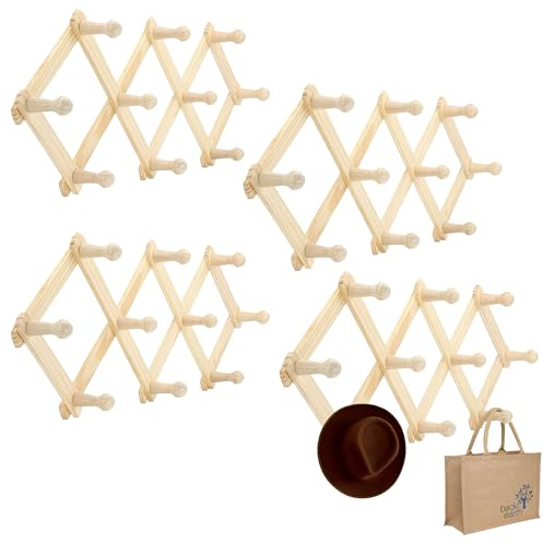 Set of 4 RAM-PRO Accordion Style Wood Expandable Wall Rack for Hat, Cap, Belt, Umbrella Coffee Mug Jewelry Hanging Wooden Pegs