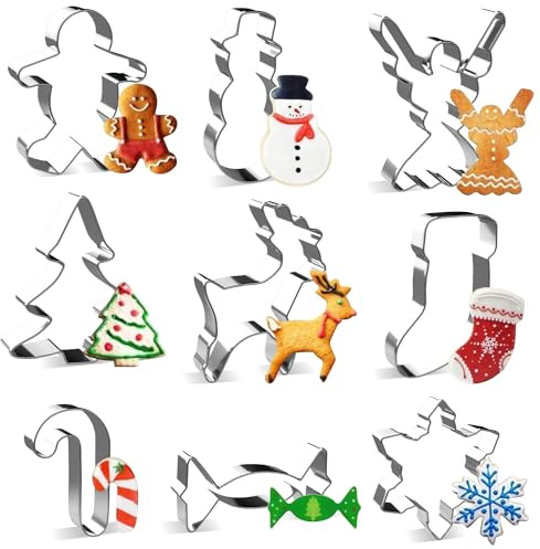 Christmas Cookie Cutter Set - Joyoldelf 9 Piece Stainless Steel Snowflake, Christmas Tree, Reindeer, Gingerbread Boy, Snowman, Angel, Candy Canes, Socks, Candy for Kids