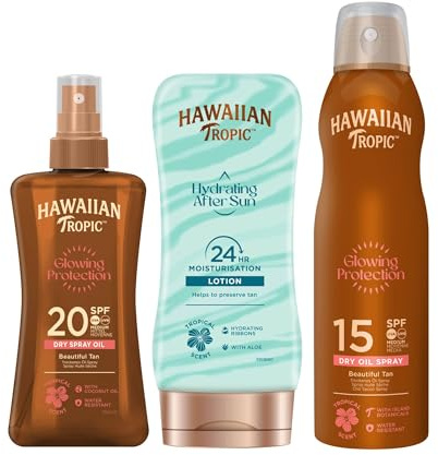 Hawaiian Tropic Accélération du bronzage - Spray huile protectrice solaire SPF 20 + Brume d'huile d'argan SPF 15 + Après-Sun Silk Hydration - Lot de 3 unités