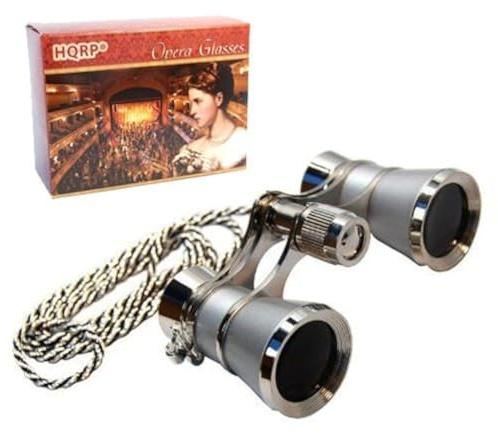 HQRP 3 x 25 Opera Glasses Theater Binoculars, w/Crystal Clear Optic (CCO), Platinum with Silver Trim w/Necklace Chain, for Adults Kids Women in Musical Concert Sport Events etc.