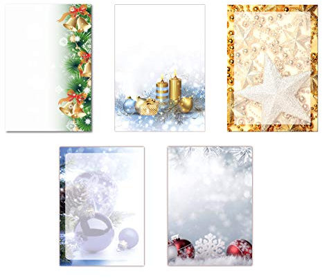 5 x 5 Blatt Motivpapier Briefpapier Mix DIN A4 Weihnachtskugeln Sterne Kristalle (Weihnachten-5230)