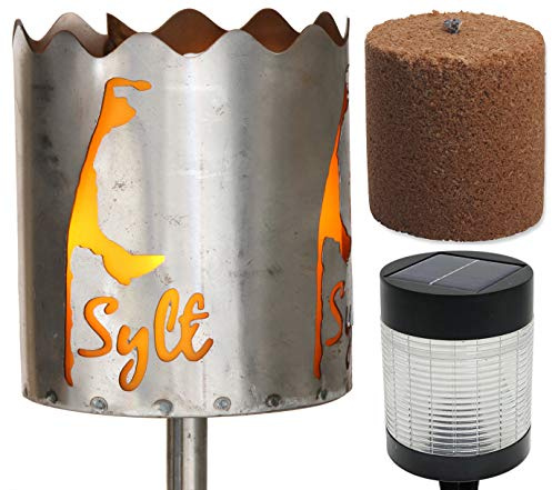 Gartenfackel Sylt Feuerschale Metall mit Stiel Brennmittel LED Solar Lampe Gartenleuchte Solarleuchte
