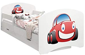 Happy Babies - Doppelseitiges Kinderbett MIT SCHUBLADE Modernes Design mit sicheren Kanten und Absturzsicherung Schaumstoffmatratze 7 cm. (140x70, 11. Auto)