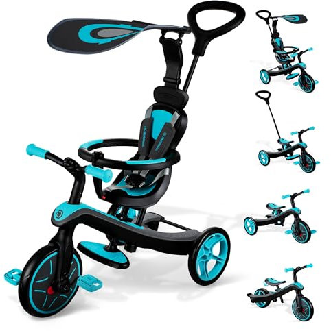 GLOBBER Explorer Trike 4in1 – Kinderwagen, Dreirad und Laufrad, 10/8,5 Zoll, TPR-Sitz, höhenverstellbar, türkis