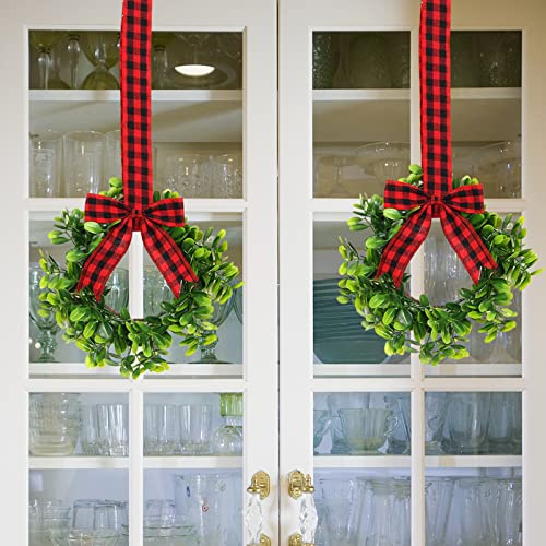 BFYDOAA 2pcs Kitchen Cabinet Wreaths Small Christmas Boxwood Wreaths Hanging Ribbon Bow Greenery Wreaths for Farmhouse Festival Chair Door Railing