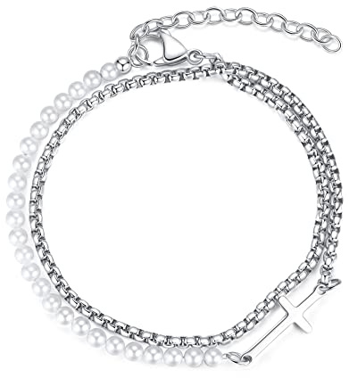 GAVU Herren Zweilagiges Armband Perlen Armband und Edelstahl mit Kreuz Charm