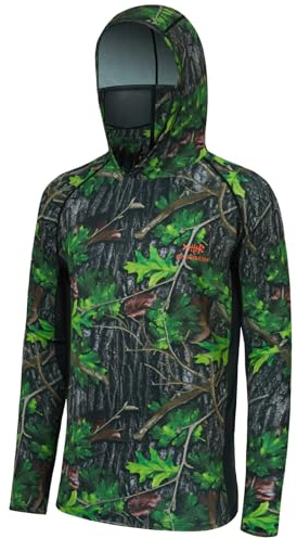 BASSDASH Sudadera con capucha de manga larga para hombre, con protección UPF 50+, camuflaje, para caza y pesca, Verde (Green leaves), Large