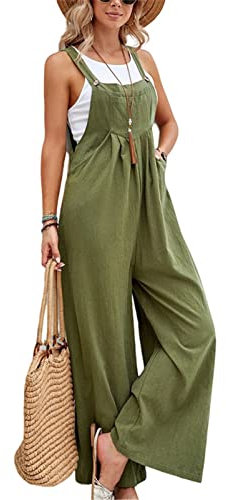 SotRong Dungarees for Women Uk Wide Leg Jumpsuit With Pocket Loose Fit Baggy Playsuits Summer Boho Romper Sleeveless Strappy Overalls Army Green 2XL