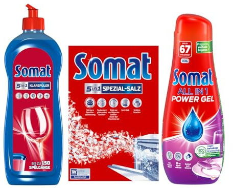 Somat All in 1 Power Gel (67 Spülgänge) für kraftvolle Reinigung, Eco-Programm & Somat Klarspüler für Geschirrspüler verleiht Gläsern und Geschirr Extra-Glanz 750 ml & 5in1 Additive Spezial Salz 1,2Kg