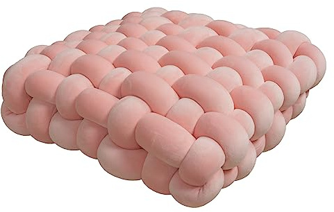 Knotted Pillows for Couch Cushion Soft Square Handmade Woven Knot Pillow Room Aesthetic Decoration Plush Decorative Sofa Bedroom Living Room Office Decor (Pink)