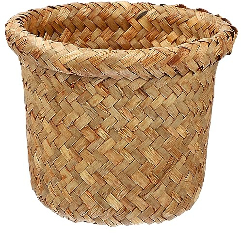 HEMOTON Braided Sea Grass Waste Basket Small Round Trash can Wicker Bin Household Storage Bin for Office Bedroom Indoor Use