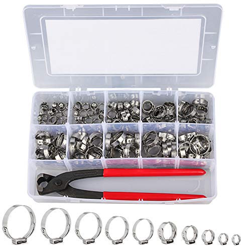 Outigu 150 Stück 304-Edelstahl-Einohr-Schlauchklemmen mit Zange: Sortimentsset (7–21 mm) für Wasserleitungen, Sanitär und Automobil, einschließlich Pex-Klemmklemmen (150 Stück).