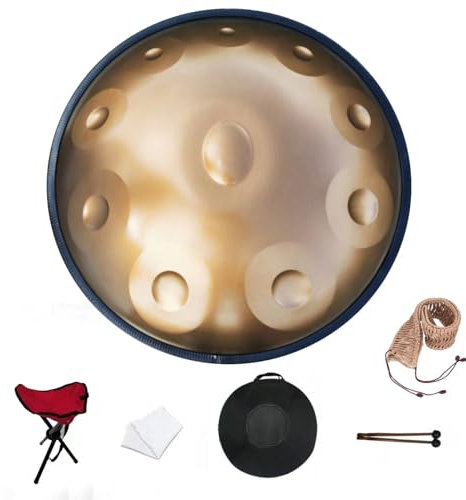 Elsebal Handpan, 55,9 cm D-Moll 10-Note 432 Hz Erwachsenen-Stahl-Handtrommel (Gold) Mit Tasche, 2 Testkoffer, Ständer, Musiknoten-Aufkleber, Pflegeöl Und Reinigungstücher