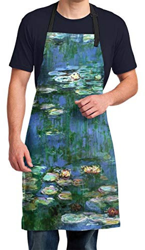 PIUS Verstellbare Latzschürze, extra lange Bänder, lustige, wassertropfenresistente Küchenschürzen zum Kochen und Backen, Claude Monet Seerosen, One size