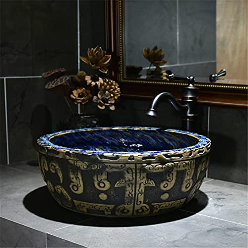 Lavabo Da Appoggio Retrò In Ceramica, Lavabo Rotondo Artistico, Lavabo Da Bagno, Robusto E Durevole, Splendidamente Arredato, 40 Cm