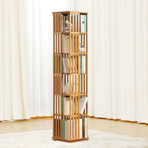 LSHFYV Drehbares Bücherregal Kinder, Bücherregal Zur Bodenaufbewahrung, 360° Drehbares Bücherregal, Mit 6 Fächern Bamboo Lagerregal, Ständer Bücherschrank Für Schlafzimmer, Wohnzimmer,Original