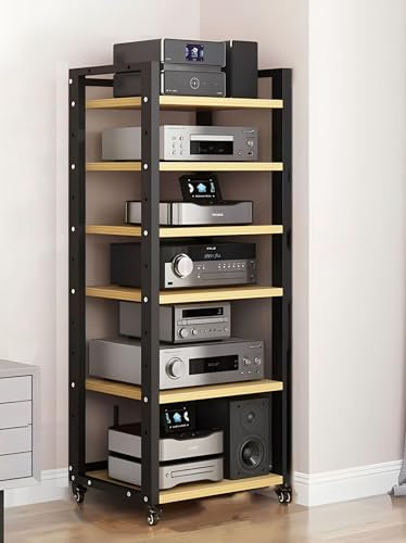 Hifi Rack Hifi Regal 55 Zoll/ 140 cm hoher Audio-Rack-Montageschrank aus Stahl und Massivholz, AV-Medienständer mit höhenverstellbaren Regalen, Audio-Rack-Tower, perfekt für/Xbox/PS5/Switch/Spielekons