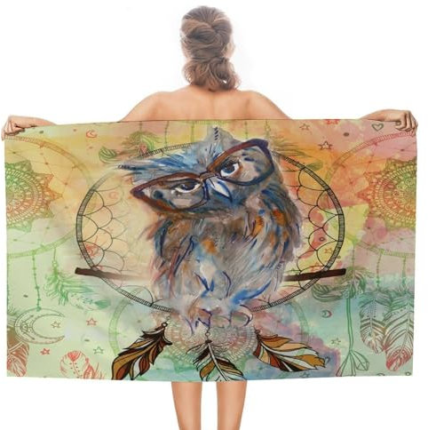 Mikrofaser Strandtuch Aquarell Feder Traumfänger Eule Duschtücher Männer Badehandtuch Leicht Drucktuch, Für Yoga, Schwimmbad, Strand, 80x130cm